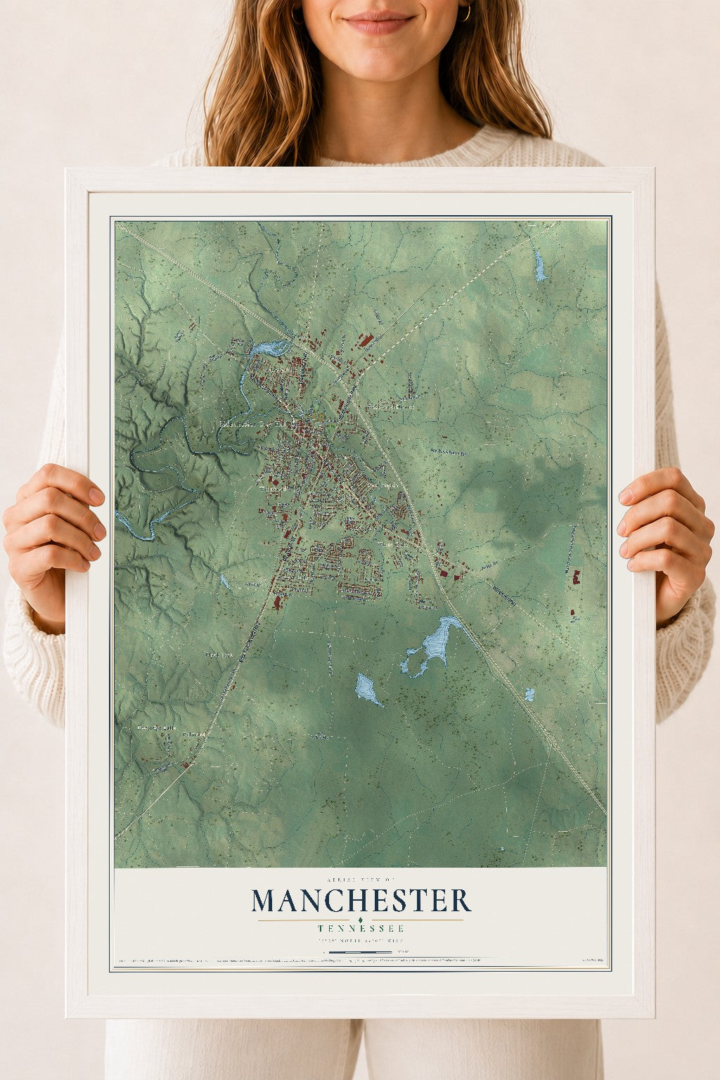Map of Manchester, Tennessee, 18 x 24 inch print in a white wood frame