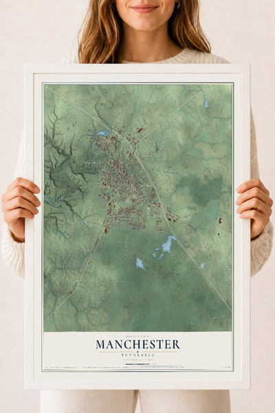 Map of Manchester, Tennessee, 18 x 24 inch print in a white wood frame