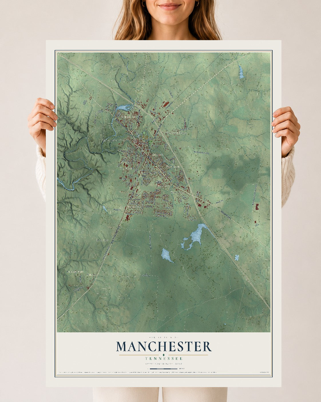 Map of Manchester, Tennessee, 24 x 36 inch unframed archival matte print