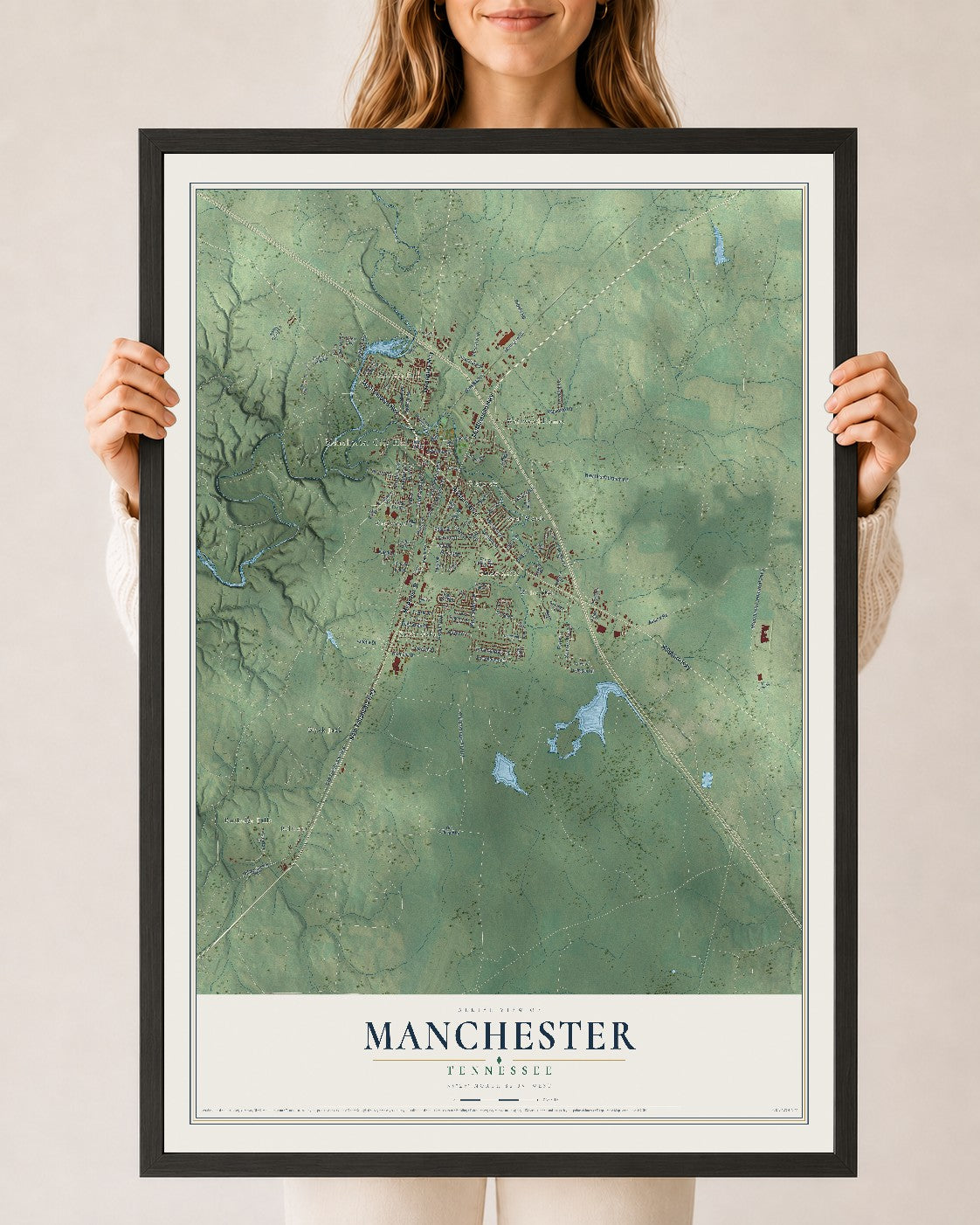Map of Manchester, Tennessee, 24 x 36 inch print in a black wood frame