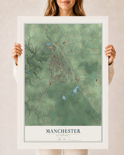 Map of Manchester, Tennessee, 24 x 36 inch print in a white wood frame