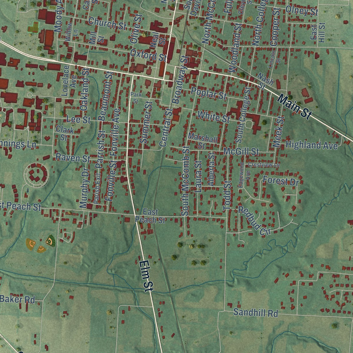 Close-up of the map of Martin, Tennessee print showing street and building detail