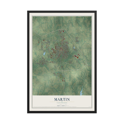 Map of Martin, Tennessee, 12 x 18 inch print in a black wood frame