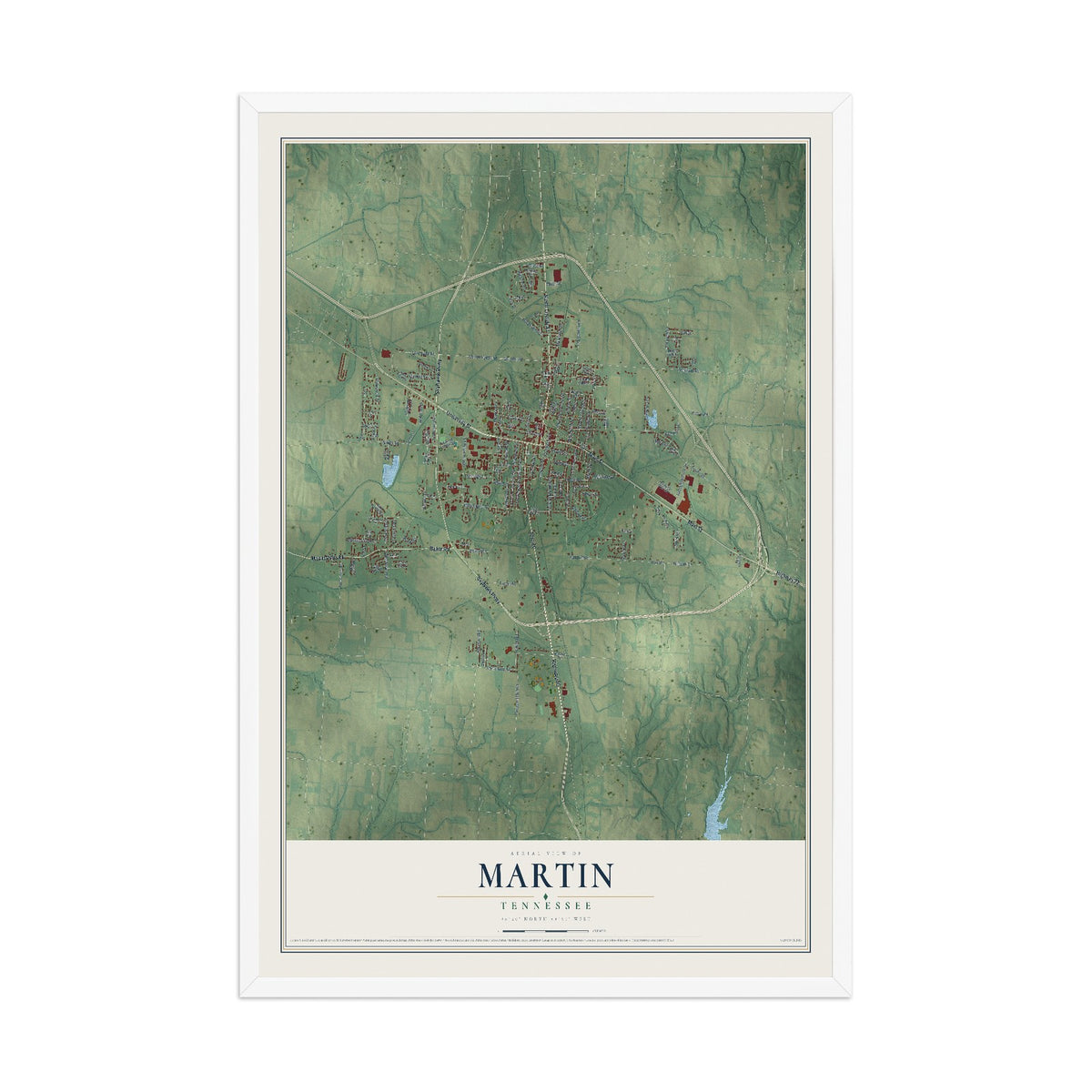 Map of Martin, Tennessee, 12 x 18 inch print in a white wood frame