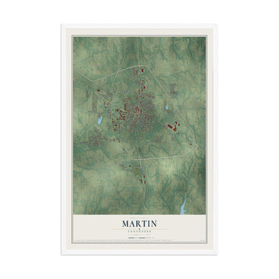 Map of Martin, Tennessee, 12 x 18 inch print in a white wood frame