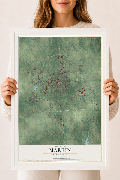 Map of Martin, Tennessee, 18 x 24 inch print in a white wood frame