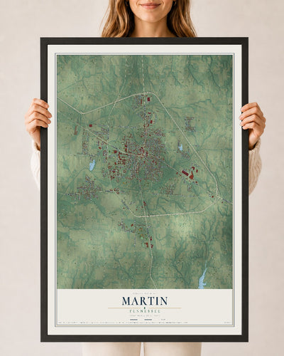 Map of Martin, Tennessee, 24 x 36 inch print in a black wood frame