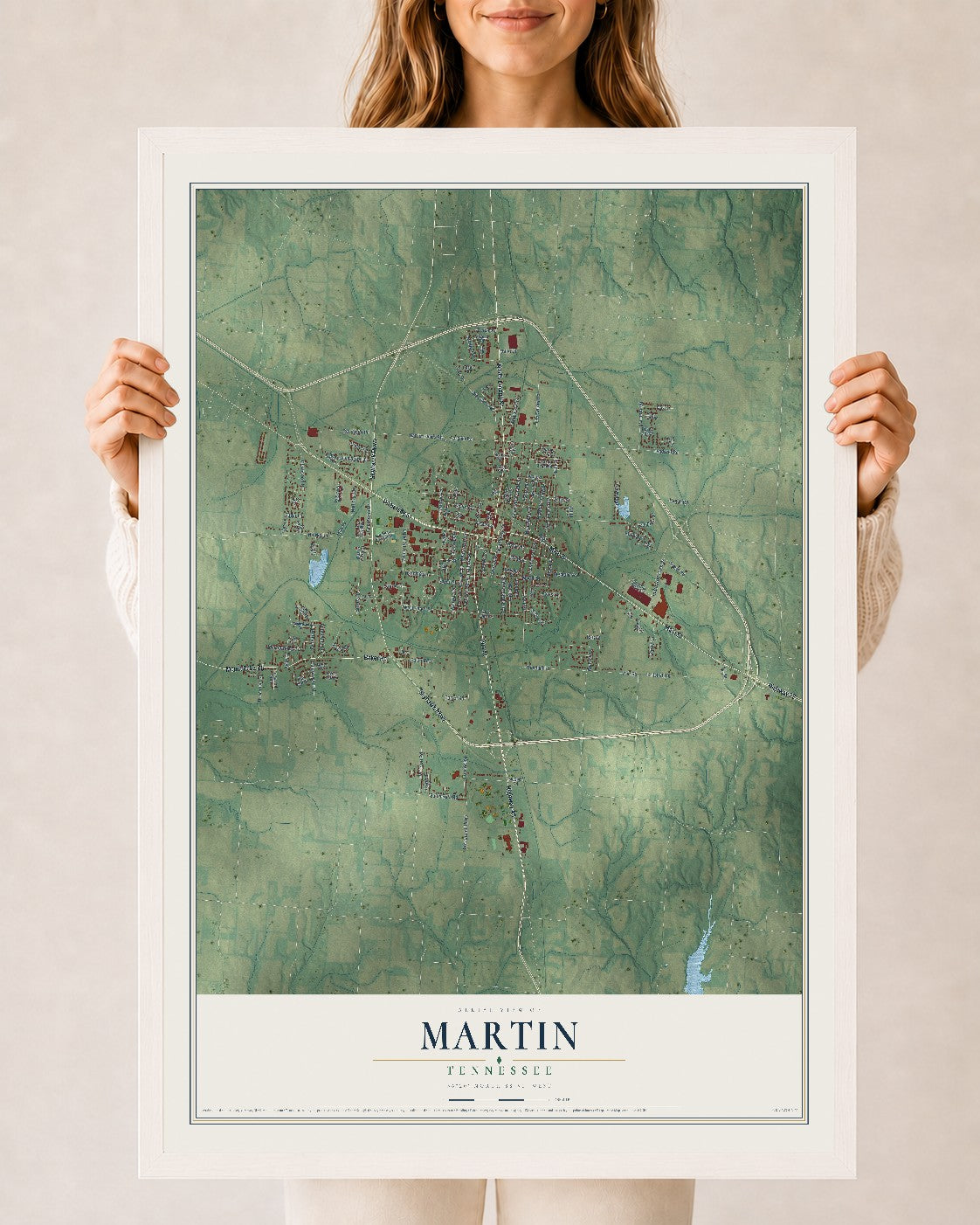 Map of Martin, Tennessee, 24 x 36 inch print in a white wood frame