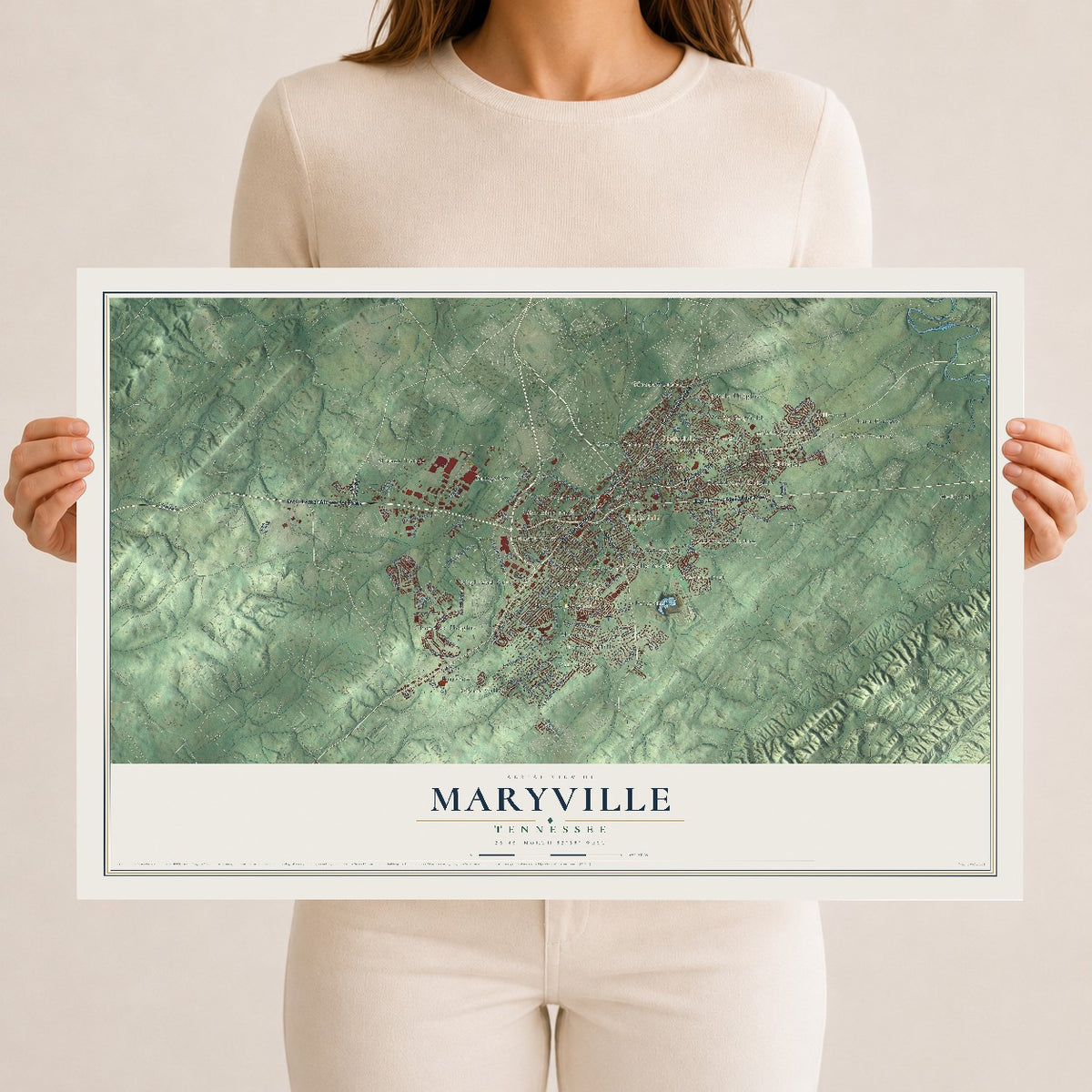 Map of Maryville, Tennessee, 12 x 18 inch unframed archival matte print