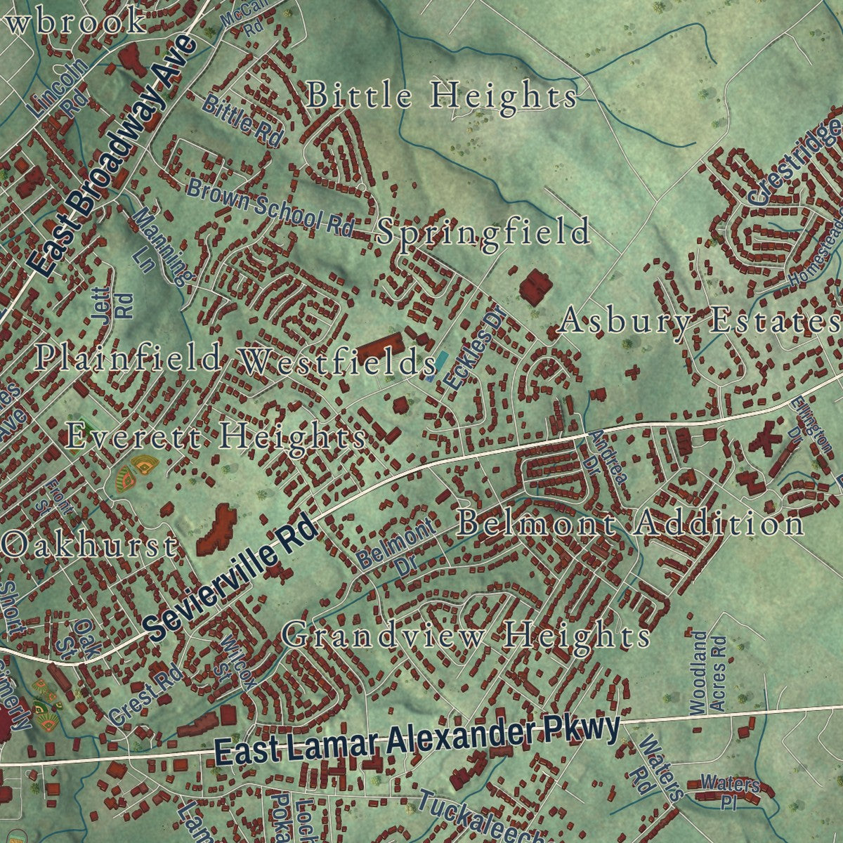 Second close-up of the map of Maryville, Tennessee print showing more streets and buildings