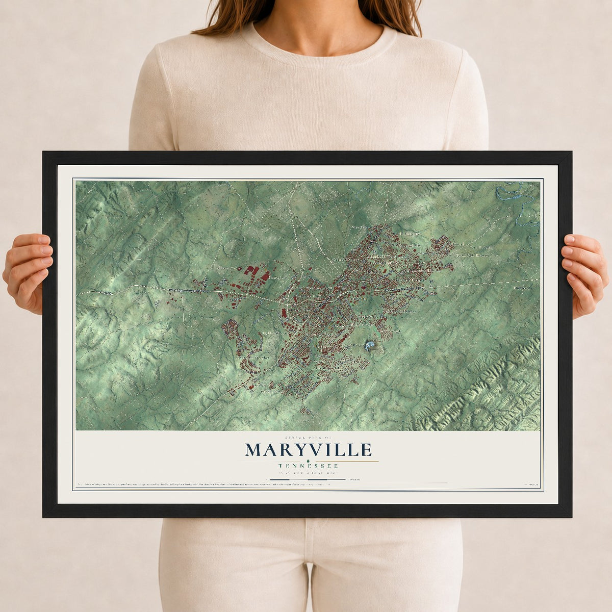Map of Maryville, Tennessee, 12 x 18 inch print in a black wood frame