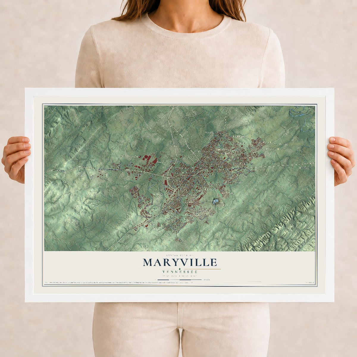 Map of Maryville, Tennessee, 12 x 18 inch print in a white wood frame