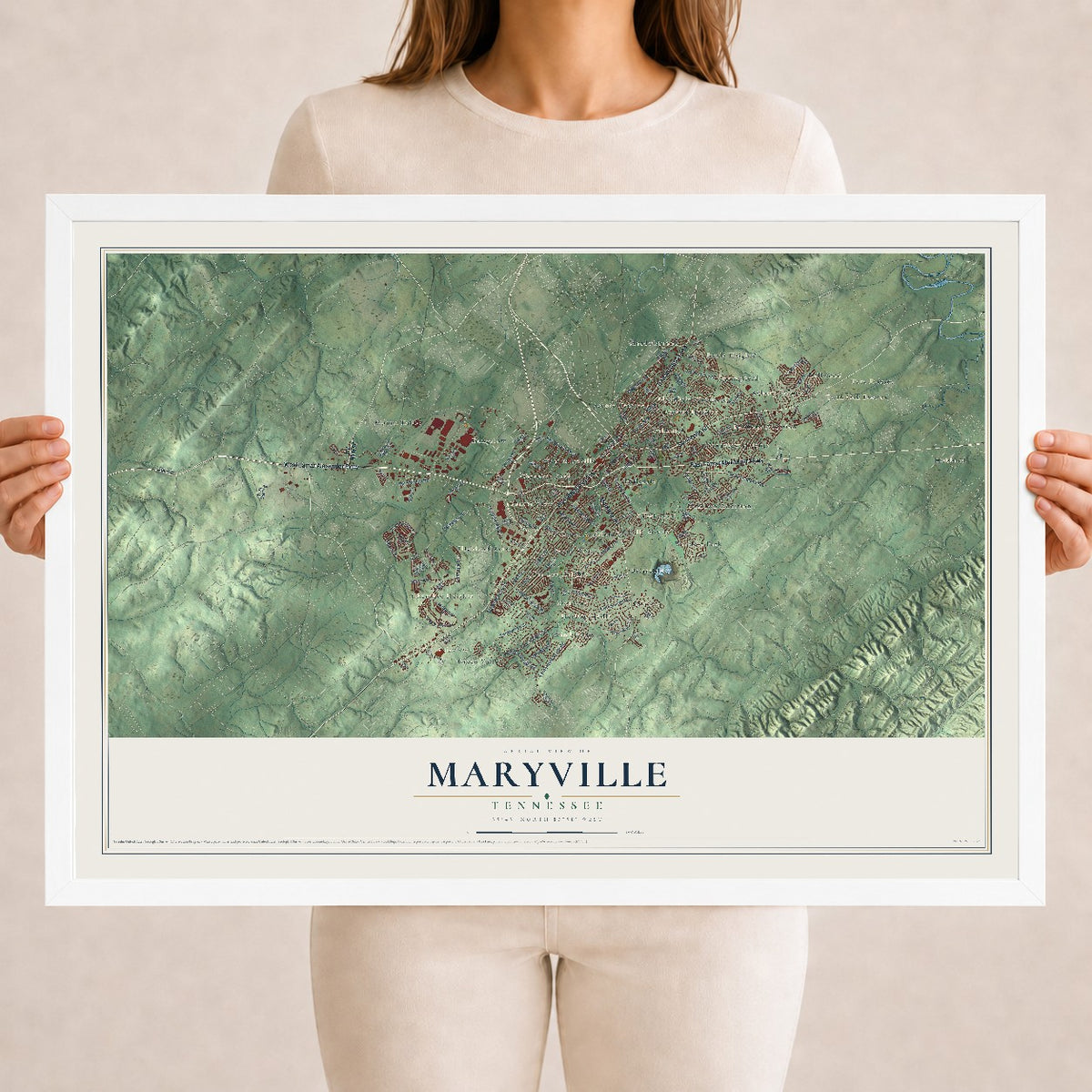 Map of Maryville, Tennessee, 18 x 24 inch print in a white wood frame