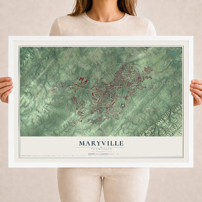 Map of Maryville, Tennessee, 18 x 24 inch print in a white wood frame