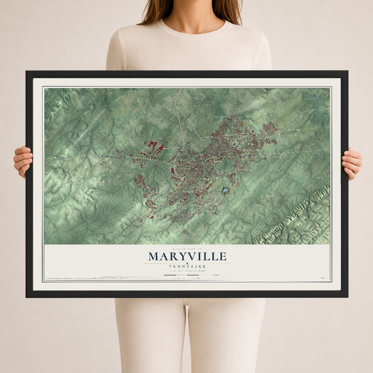 Map of Maryville, Tennessee, 24 x 36 inch print in a black wood frame