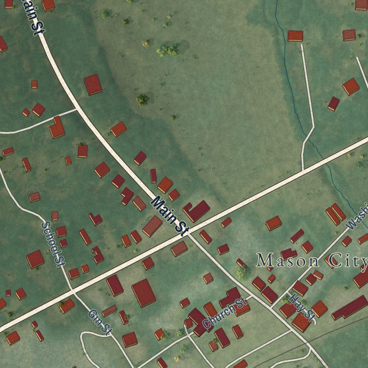 Close-up of the map of Mason, Tennessee print showing street and building detail