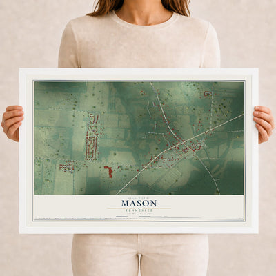 Map of Mason, Tennessee, 12 x 18 inch print in a white wood frame