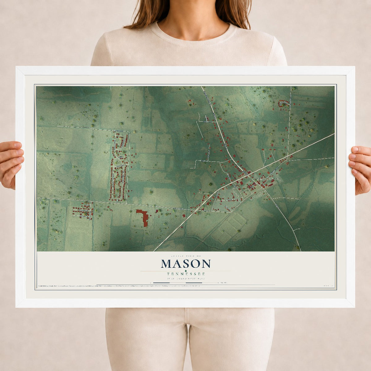 Map of Mason, Tennessee, 18 x 24 inch print in a white wood frame