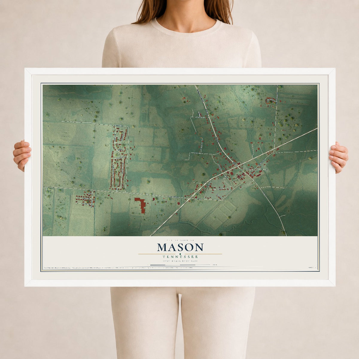 Map of Mason, Tennessee, 24 x 36 inch print in a white wood frame