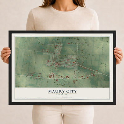Map of Maury City, Tennessee, 12 x 18 inch print in a black wood frame