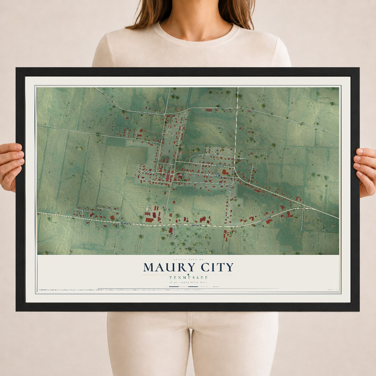 Map of Maury City, Tennessee, 18 x 24 inch print in a black wood frame