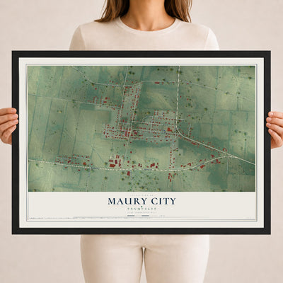 Map of Maury City, Tennessee, 18 x 24 inch print in a black wood frame