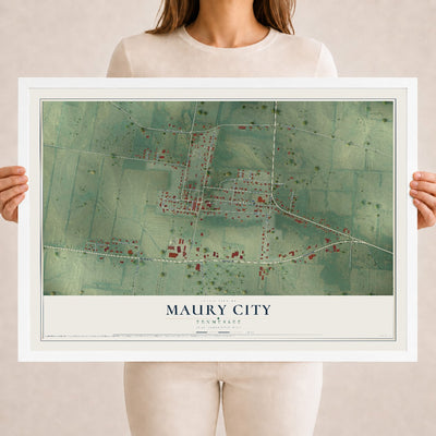 Map of Maury City, Tennessee, 18 x 24 inch print in a white wood frame
