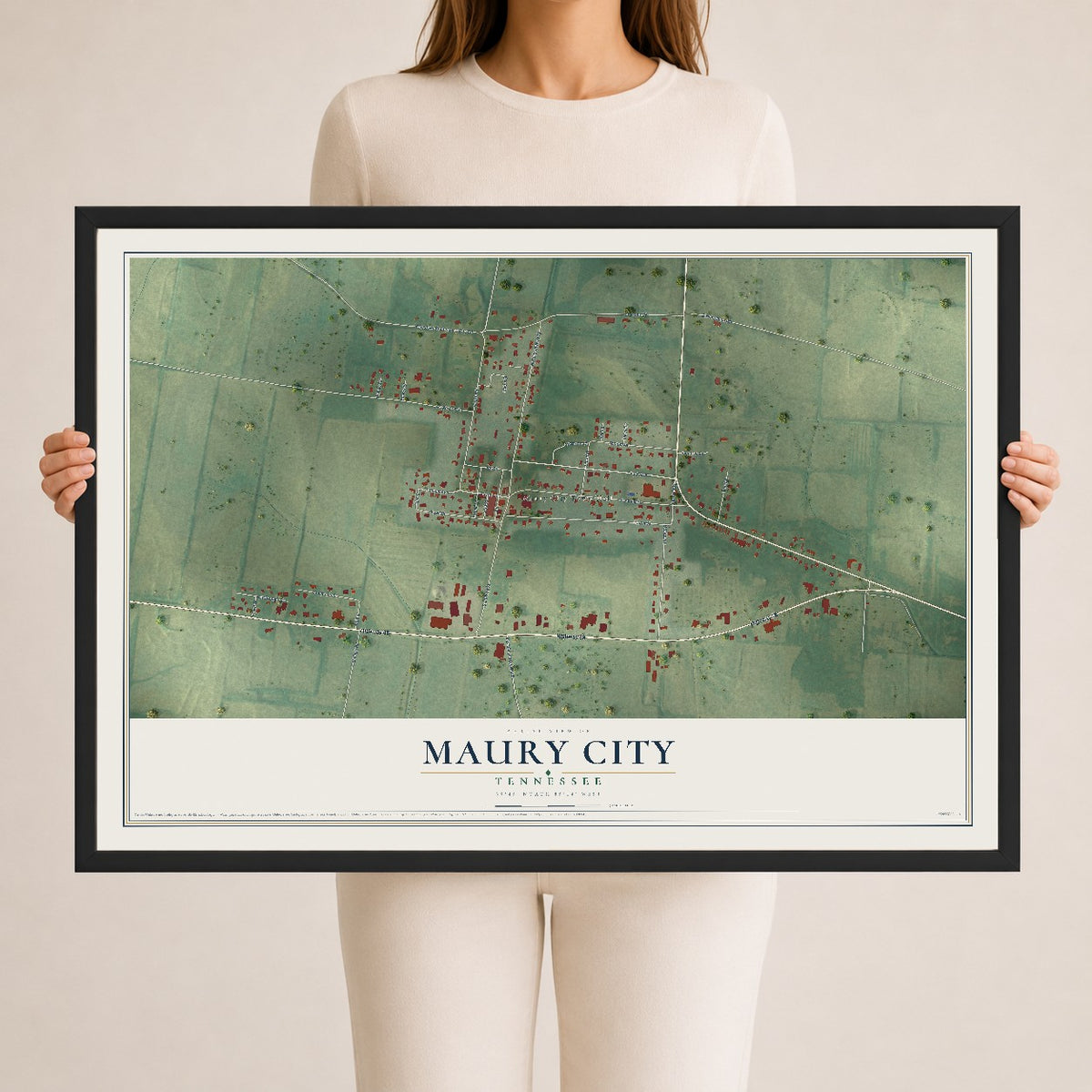 Map of Maury City, Tennessee, 24 x 36 inch print in a black wood frame