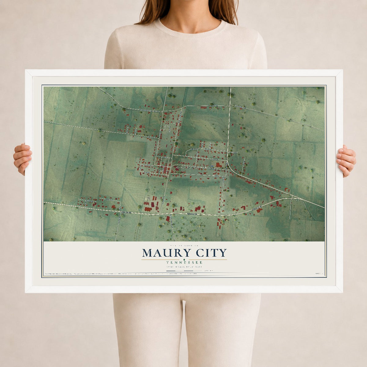 Map of Maury City, Tennessee, 24 x 36 inch print in a white wood frame