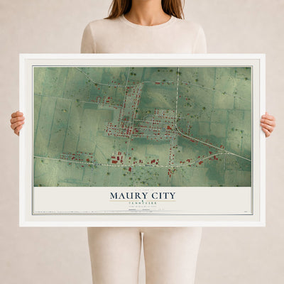 Map of Maury City, Tennessee, 24 x 36 inch print in a white wood frame