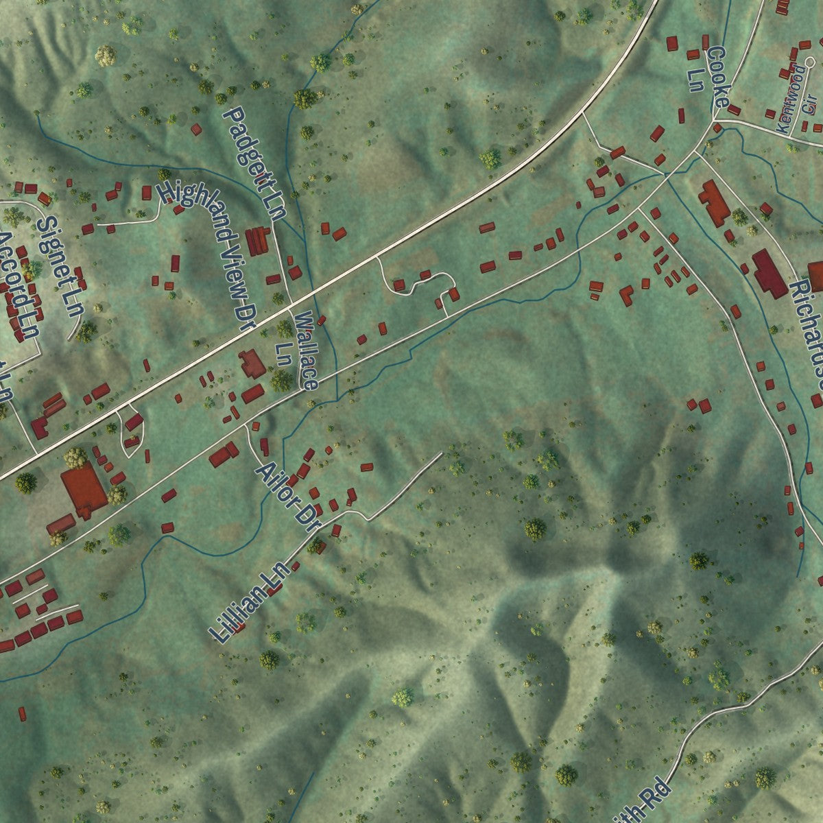 Second close-up of the map of Maynardville, Tennessee print showing more streets and buildings