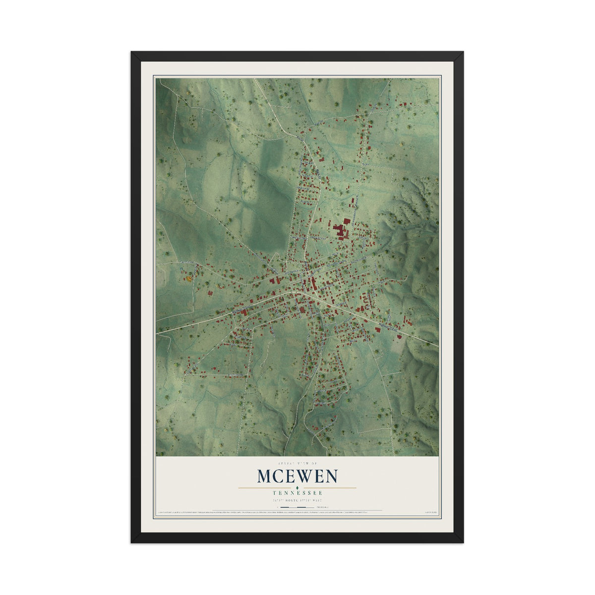 Map of McEwen, Tennessee, 12 x 18 inch print in a black wood frame