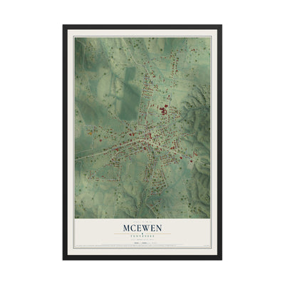 Map of McEwen, Tennessee, 12 x 18 inch print in a black wood frame