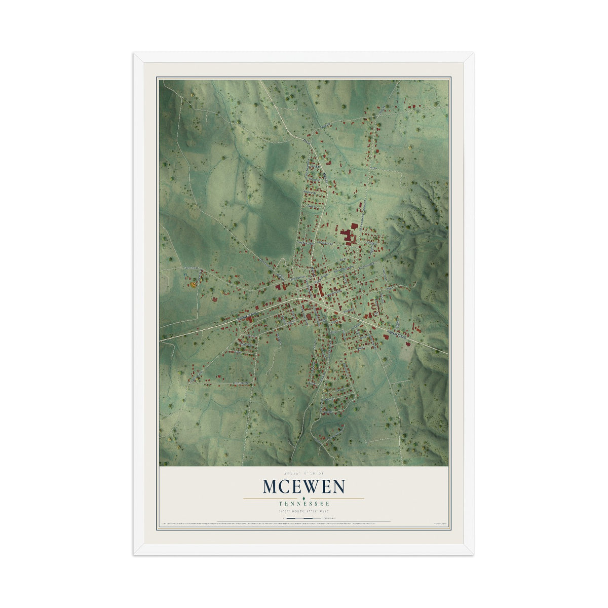 Map of McEwen, Tennessee, 12 x 18 inch print in a white wood frame