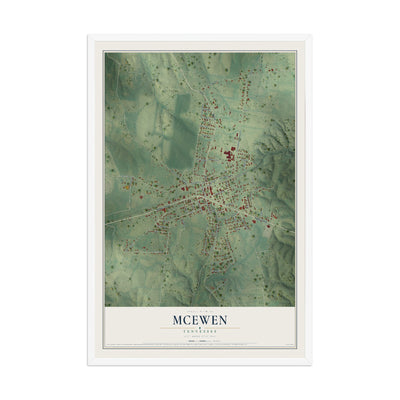 Map of McEwen, Tennessee, 12 x 18 inch print in a white wood frame