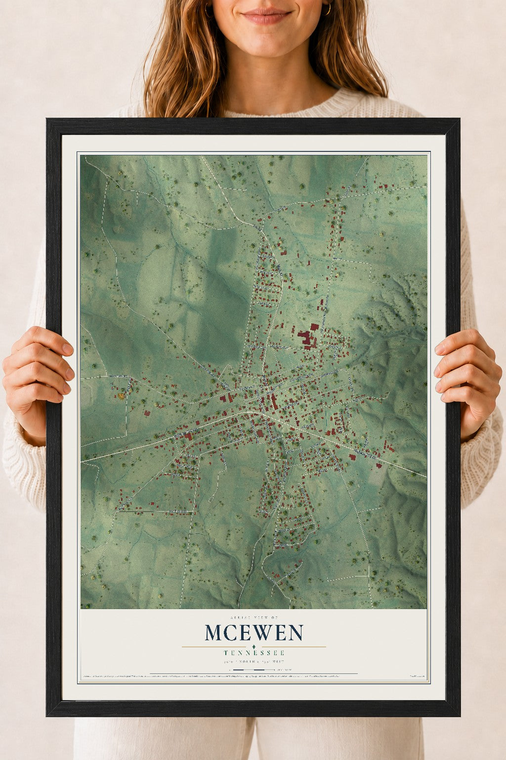 Map of McEwen, Tennessee, 18 x 24 inch print in a black wood frame