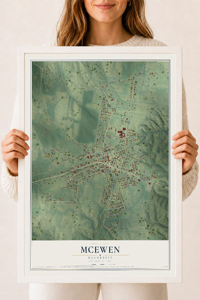 Map of McEwen, Tennessee, 18 x 24 inch print in a white wood frame