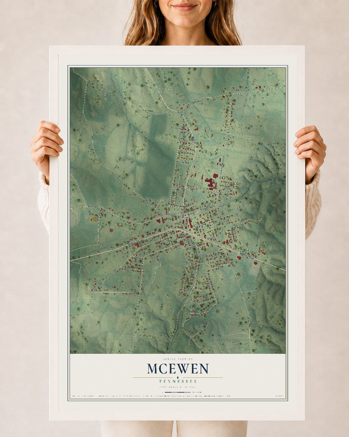 Map of McEwen, Tennessee, 24 x 36 inch print in a white wood frame