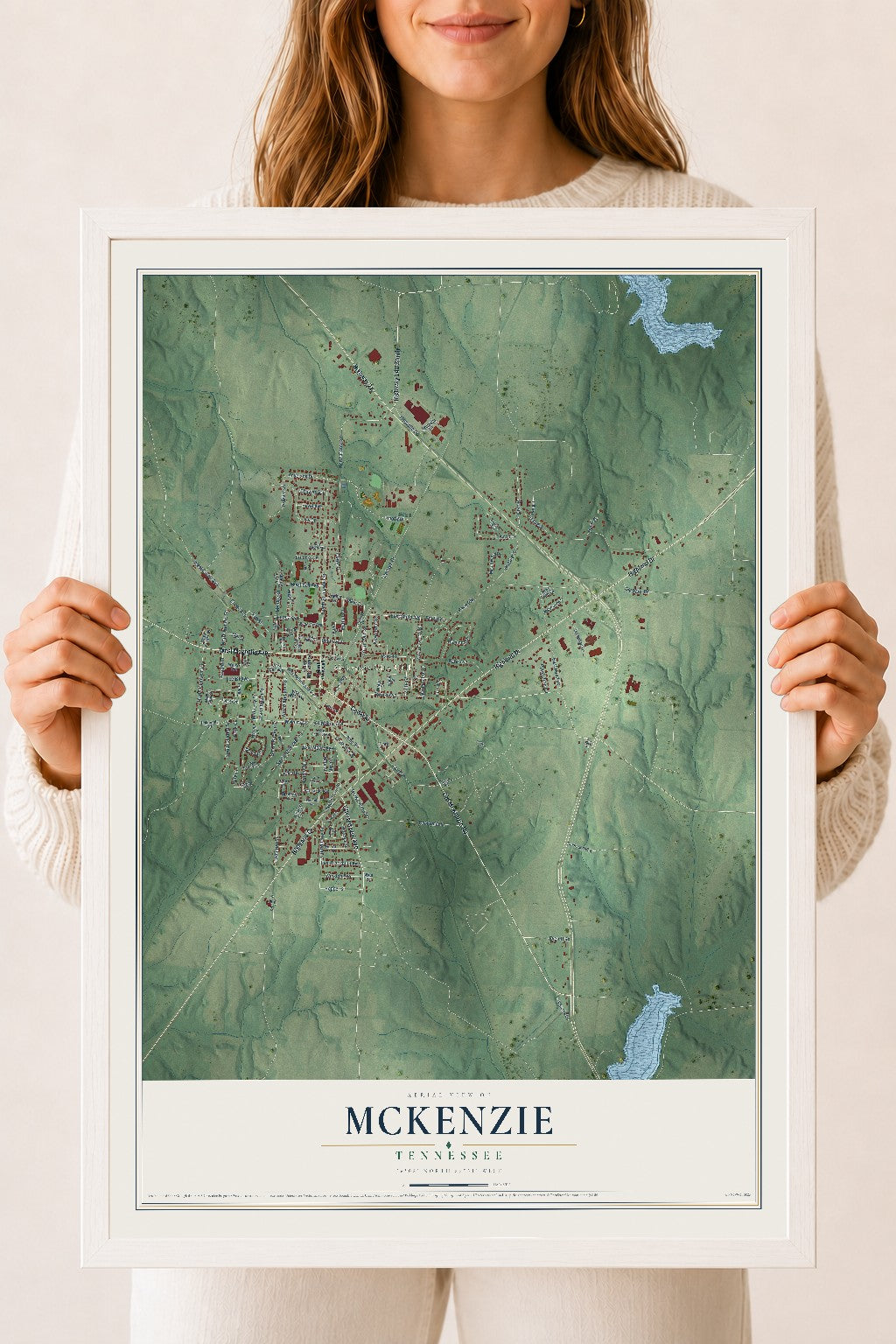 Map of McKenzie, Tennessee, 18 x 24 inch print in a white wood frame