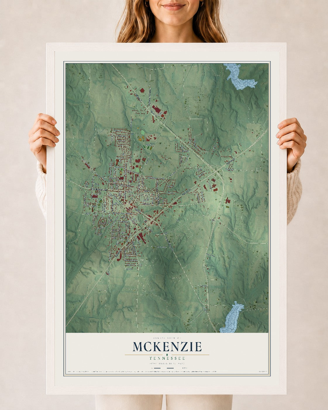 Map of McKenzie, Tennessee, 24 x 36 inch print in a white wood frame