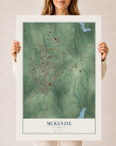 Map of McKenzie, Tennessee, 24 x 36 inch print in a white wood frame