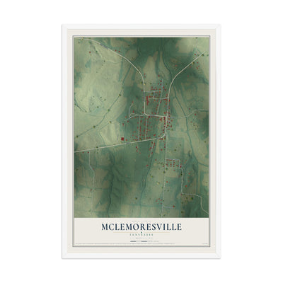 Map of McLemoresville, Tennessee, 12 x 18 inch print in a white wood frame