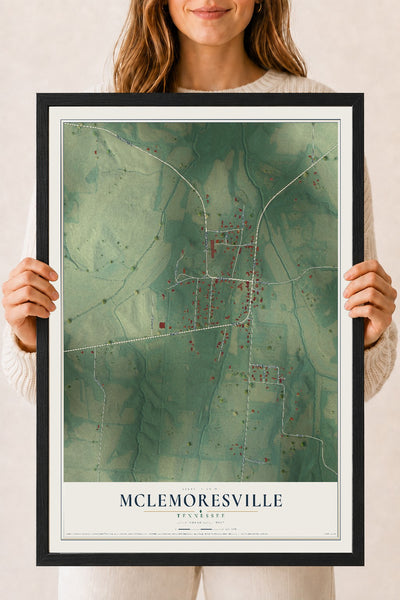 Map of McLemoresville, Tennessee, 18 x 24 inch print in a black wood frame