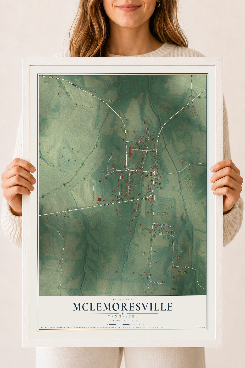 Map of McLemoresville, Tennessee, 18 x 24 inch print in a white wood frame