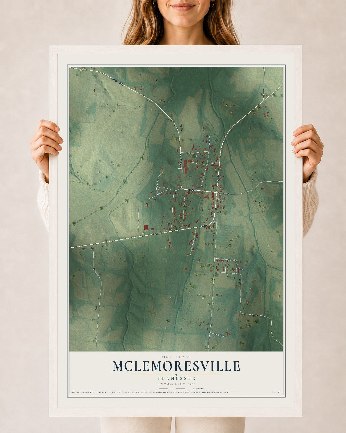 Map of McLemoresville, Tennessee, 24 x 36 inch print in a white wood frame