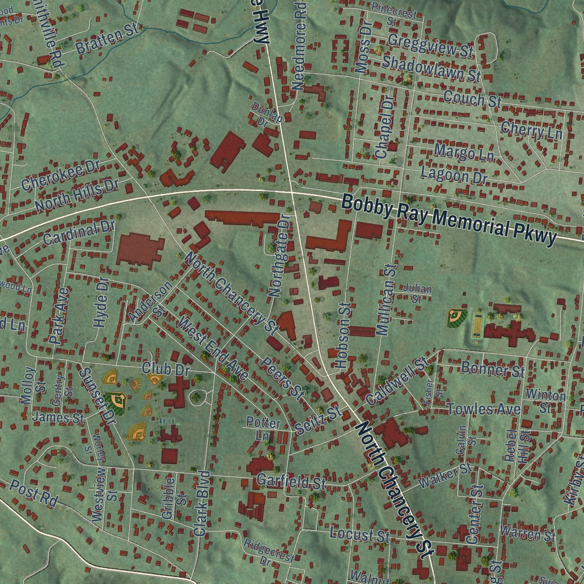 Close-up of the map of McMinnville, Tennessee print showing street and building detail