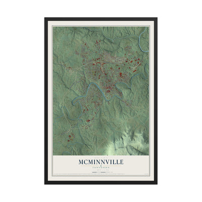 Map of McMinnville, Tennessee, 12 x 18 inch print in a black wood frame