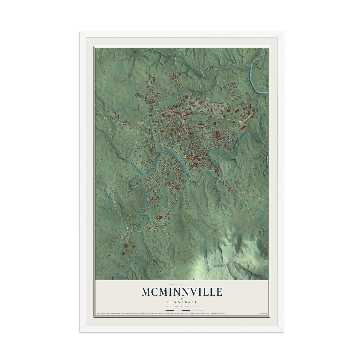 Map of McMinnville, Tennessee, 12 x 18 inch print in a white wood frame