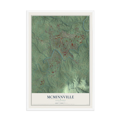 Map of McMinnville, Tennessee, 12 x 18 inch print in a white wood frame