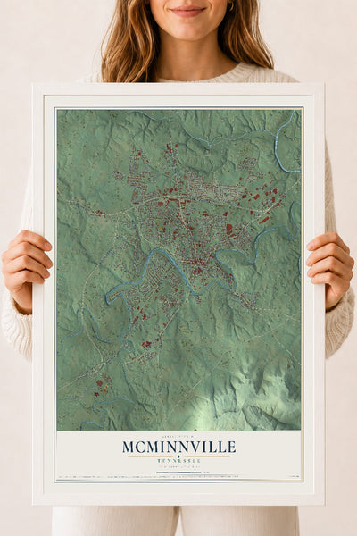 Map of McMinnville, Tennessee, 18 x 24 inch print in a white wood frame